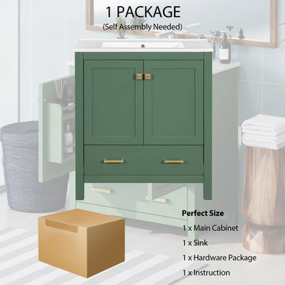 30" Elegant Green Bathroom Storage Vanity with Integrated Undermount Sink and Soft-Close Features