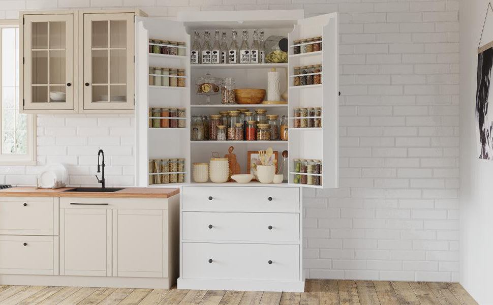 Tall White Farmhouse Kitchen Pantry - 77" Freestanding Storage Cabinet with Adjustable Shelves, Door Shelves, and Drawers