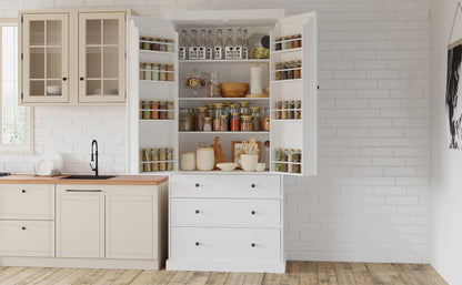 Tall White Farmhouse Kitchen Pantry - 77" Freestanding Storage Cabinet with Adjustable Shelves, Door Shelves, and Drawers