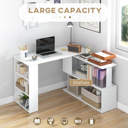 Modern L-Shaped Home Office Desk with 360-Degree Rotation and Storage Shelves, White Writing Table Workstation