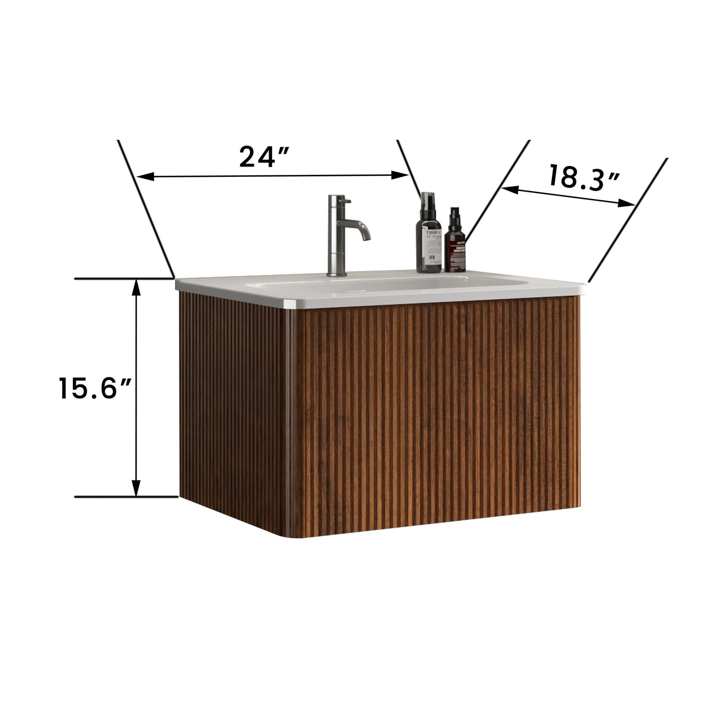 24" Modern Floating Bathroom Vanity with White Ceramic Sink and Striped Walnut Finish, Pre-Assembled Wall-Mounted Design