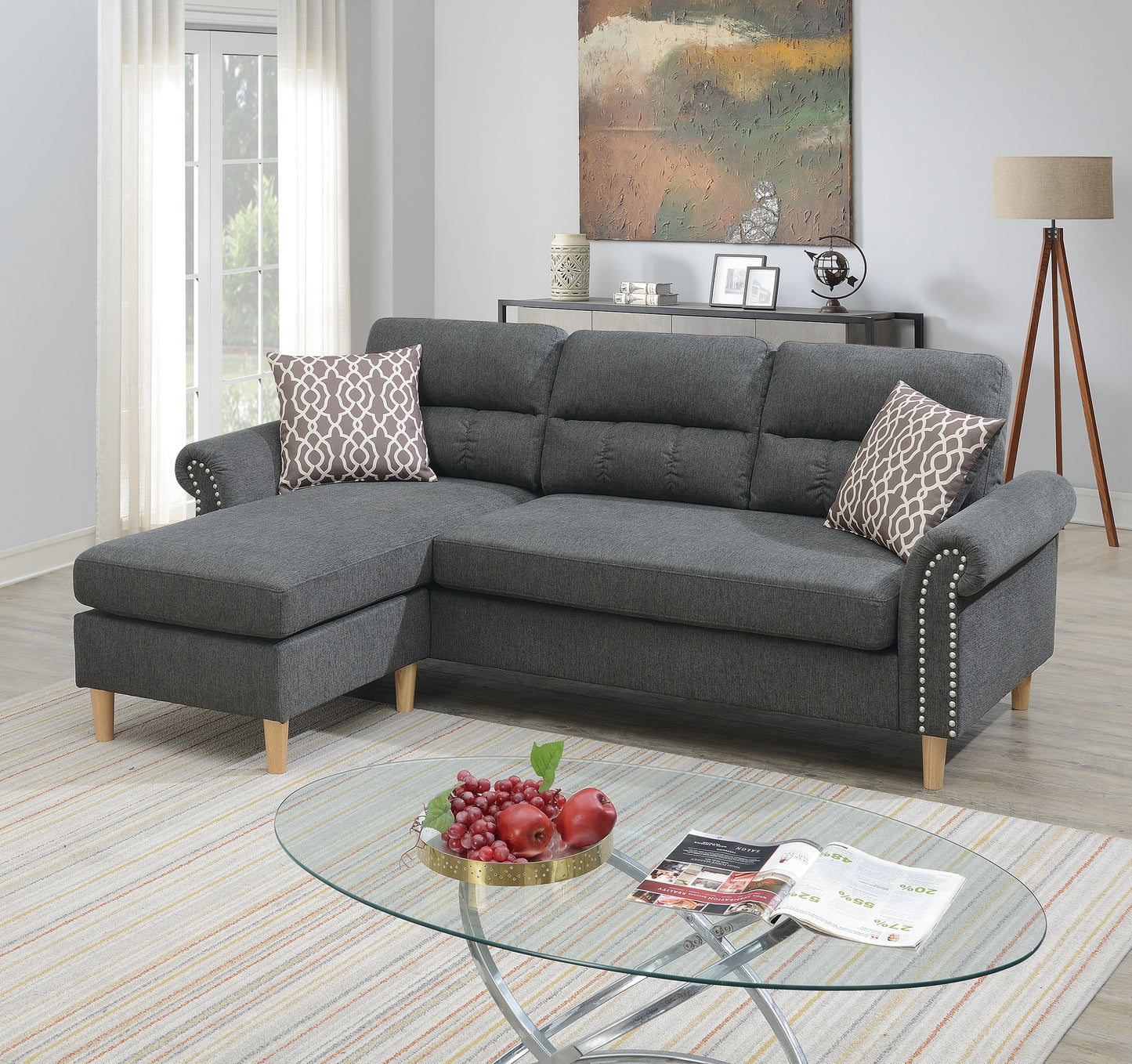 Two-Piece Velvet Reversible Sectional Sofa with Chaise, Nailhead Trim, 87x59x36 in, Pillows, Slate
