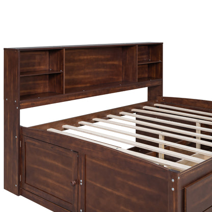 Elegant Antique Brown Full Size Wooden Captain Bed with Ample Storage and Built-in Shelves