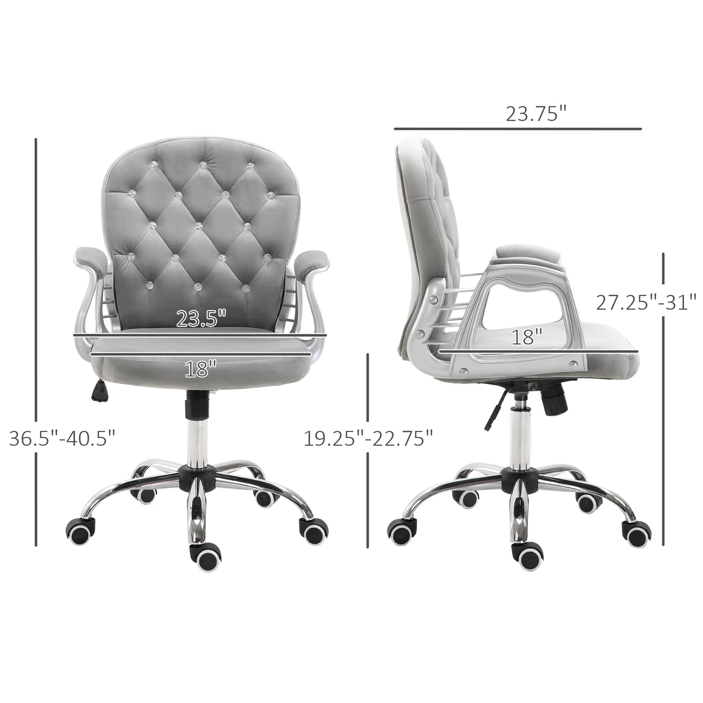 Elegant Gray Velvet Adjustable Office Chair with Swivel Wheels and Padded Armrests