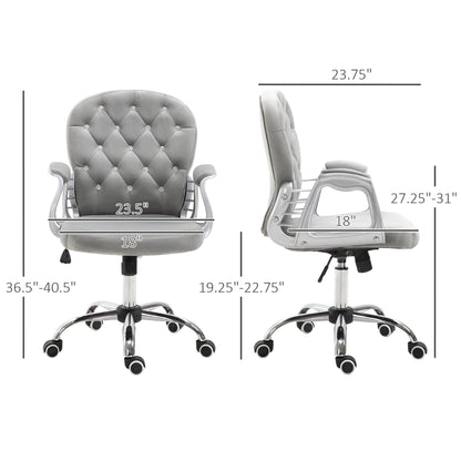 Elegant Gray Velvet Adjustable Office Chair with Swivel Wheels and Padded Armrests