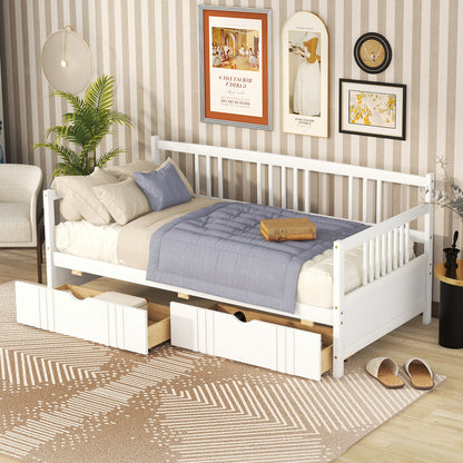 White Twin Size Wood Daybed with Dual Storage Drawers
