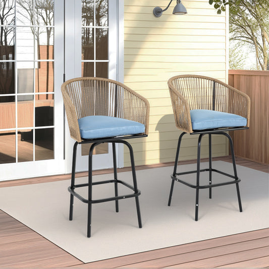 Bar Stool Set Of 2 With Armrests And Backrest For Weather Patio Use Wicker Rattan Bar Chairs For Backyard Deck Blue