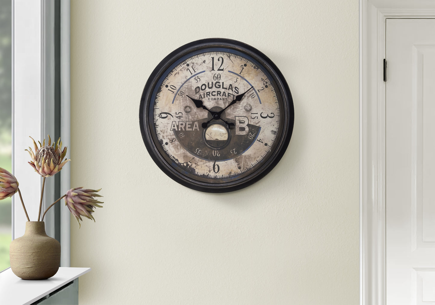 20-Inch Round Wall Clock, Quartz Movement, Transitional Style, Aviator Backdrop, Antique Brown