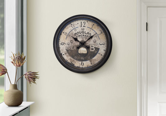 20-Inch Round Wall Clock, Quartz Movement, Transitional Style, Aviator Backdrop, Antique Brown