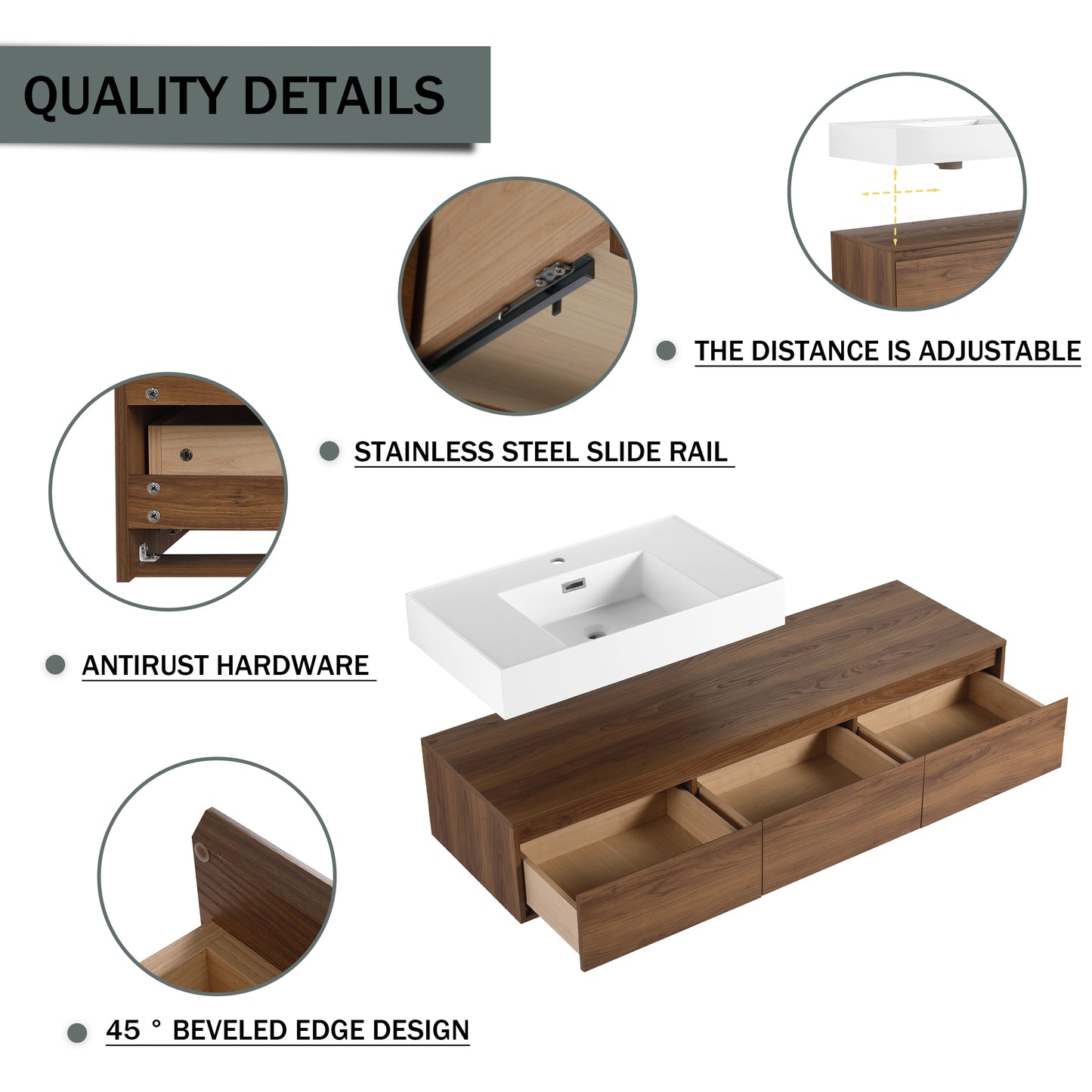 Contemporary 60-Inch Wall-Mounted Bathroom Vanity with Resin Sink and Soft-Close Drawers