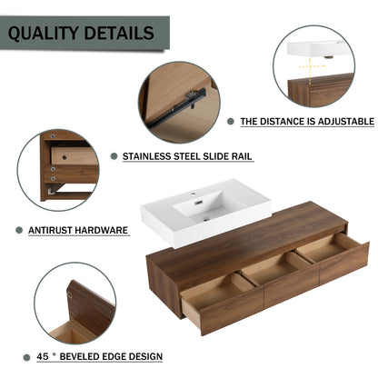 Contemporary 60-Inch Wall-Mounted Bathroom Vanity with Resin Sink and Soft-Close Drawers