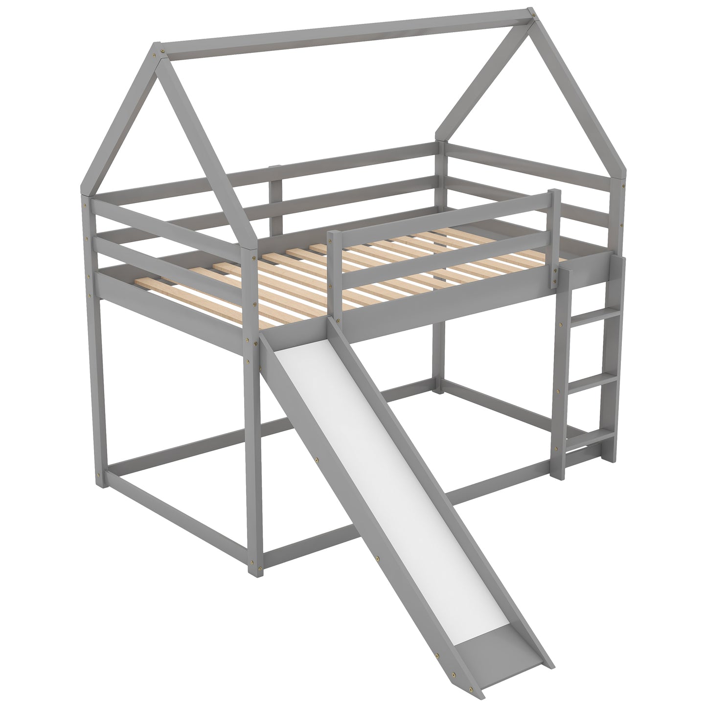 Gray Twin Bunk House Bed with Slide and Ladder for Kids
