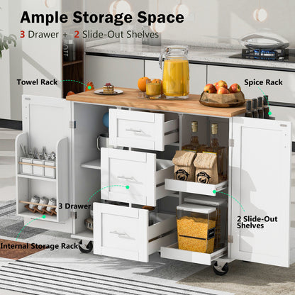 K&K Multi-Function Rolling Kitchen Cart with Storage, Rubber Wood Top, 3 Drawers, 2 Slide-Out Shelves, and Spice Rack, White