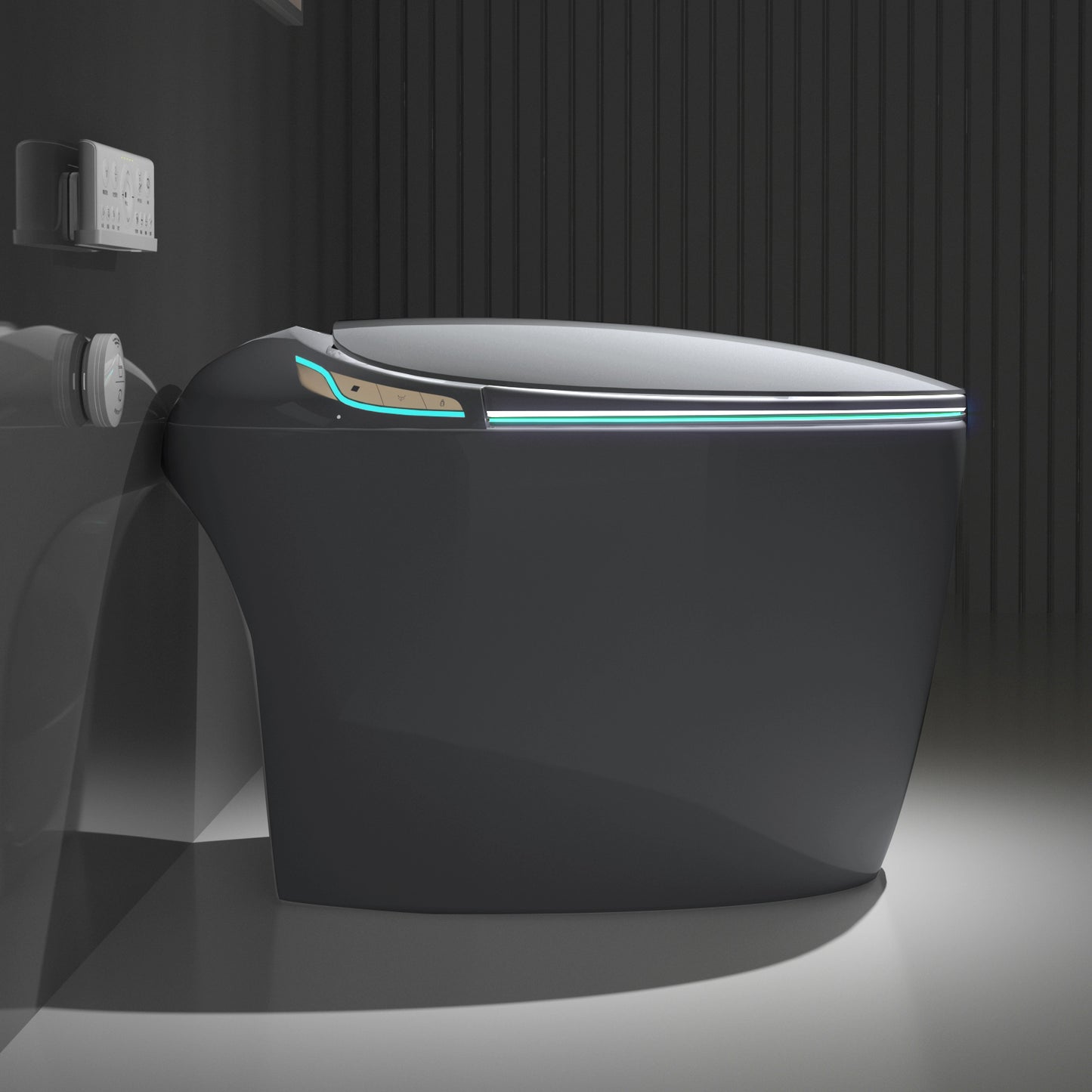 Modern Intelligent One-Piece Smart Toilet with Built-In Bidet, Auto Open/Close Seat, Foot Sensor, LED Night Light, Warm Water & Dryer, Grey Finish