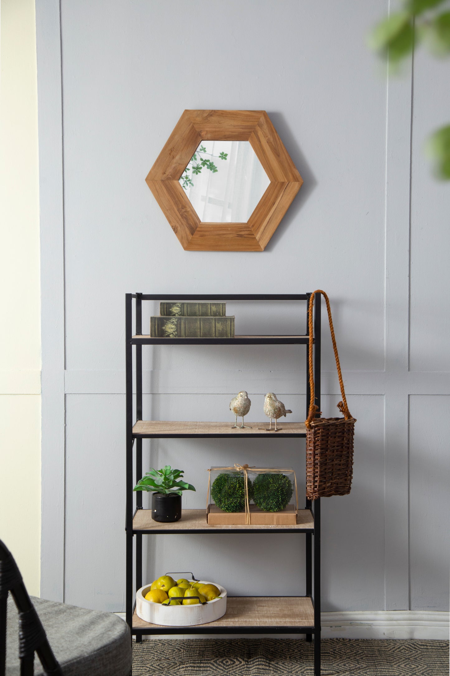 Hexagonal Teak Wood Framed Mirror - 18.5” Wall Decor for Living Room, Bathroom, or Hallway