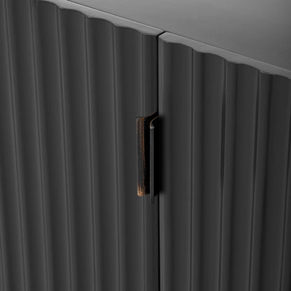 TREXM 4 Wavy Doors Ample Storage Space Sideboard with Adjustable Shelves and Retro Copper Handles for Dining Room and Living Room (BLACK)