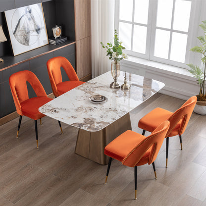 Set of 2 Velvet Upholstered Dining Chairs with Nailhead Trim and Gold-Tipped Black Metal Legs, Orange