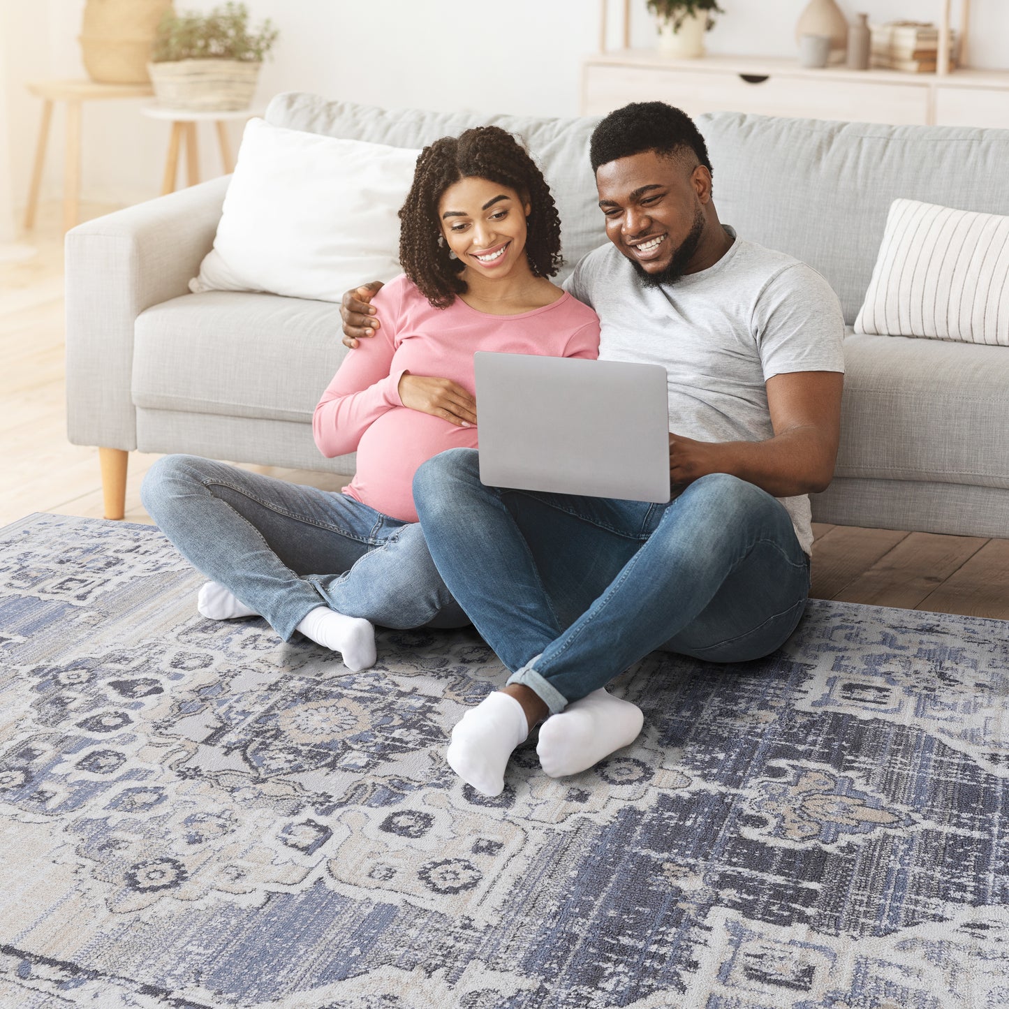 2x3 ft Medallion Area Rug-Non-Shedding, Stain-Resistant, Polyester-Kid & Pet-Friendly,Entryway-Cream/Blue