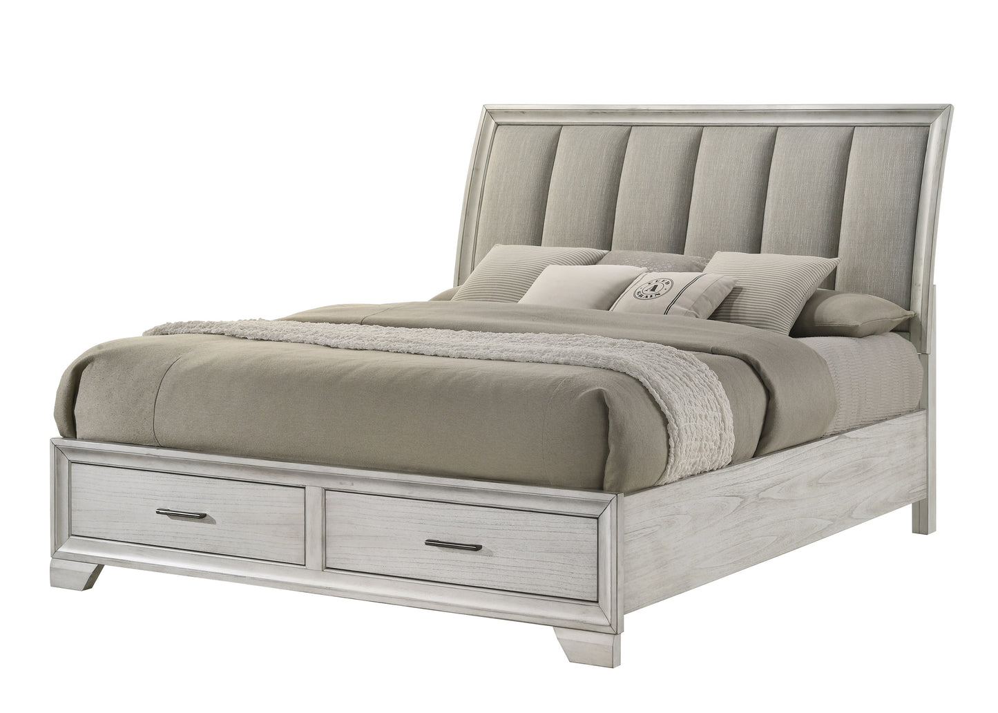 King Platform Bed with Upholstered Headboard, Built-in Storage Drawers, Solid Wood, Antique White