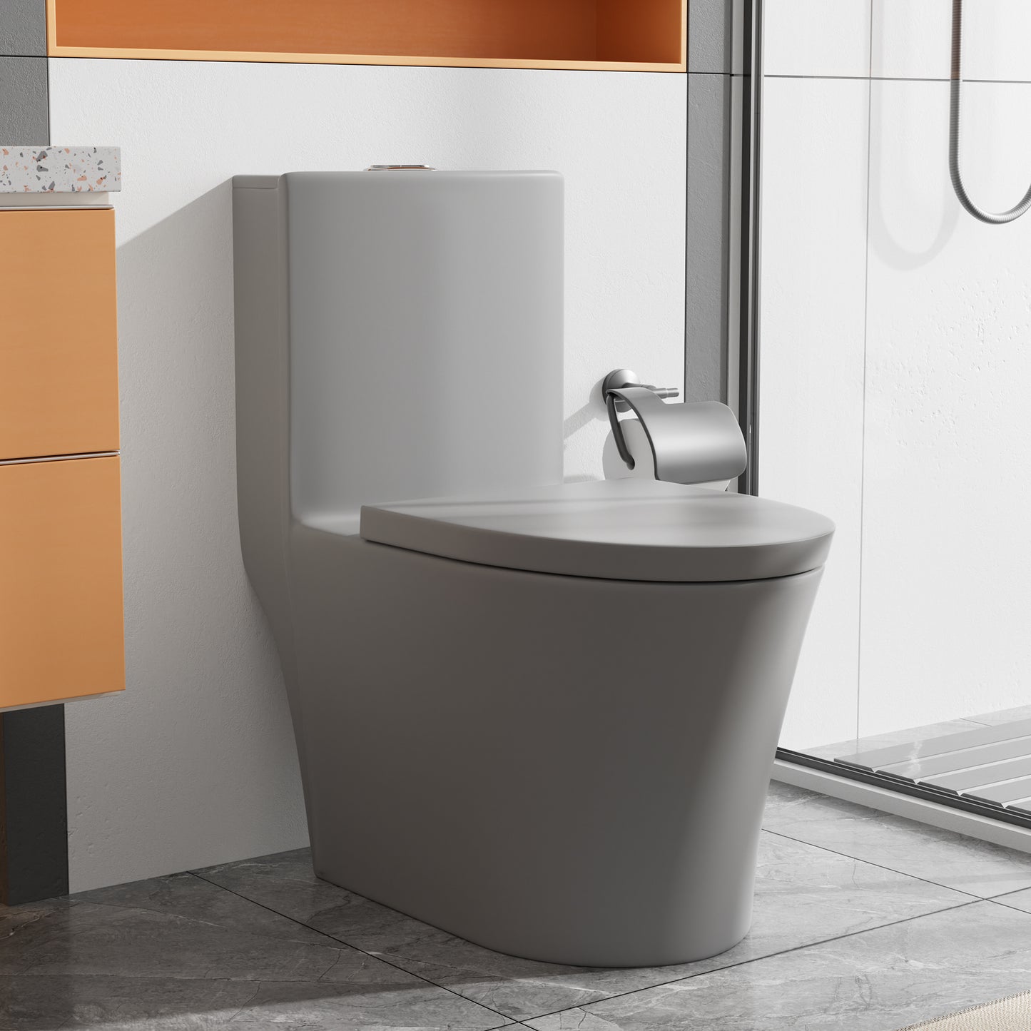 Matte Grey Modern Elongated Toilet with Dual Flush System and Soft-Close Seat