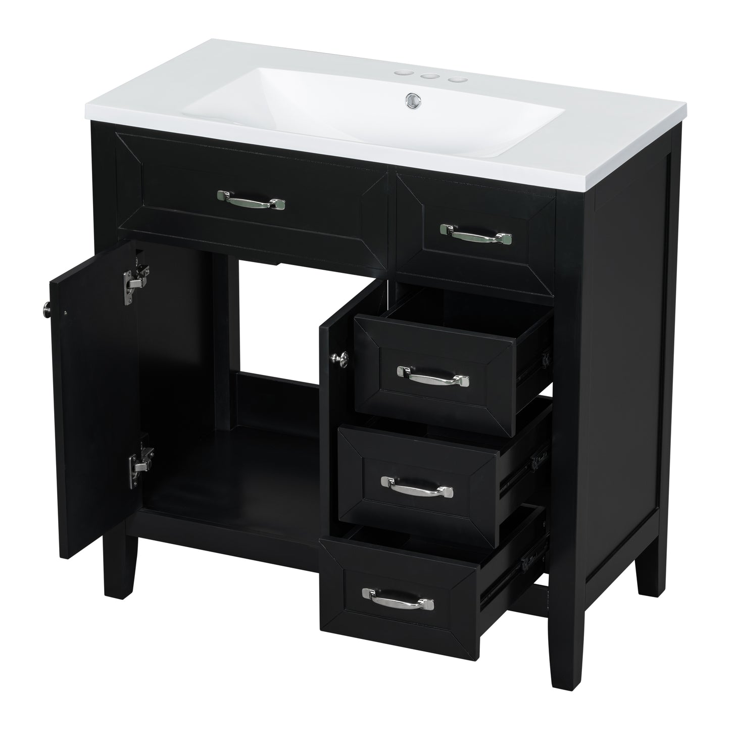 Stylish 36-Inch Black Bathroom Vanity with Integrated Sink, Durable MDF and Solid Wood Construction, Convenient Storage Drawers