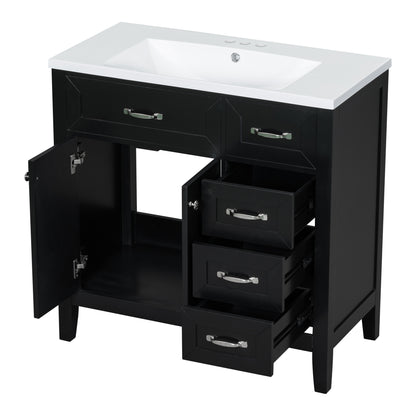 Stylish 36-Inch Black Bathroom Vanity with Integrated Sink, Durable MDF and Solid Wood Construction, Convenient Storage Drawers