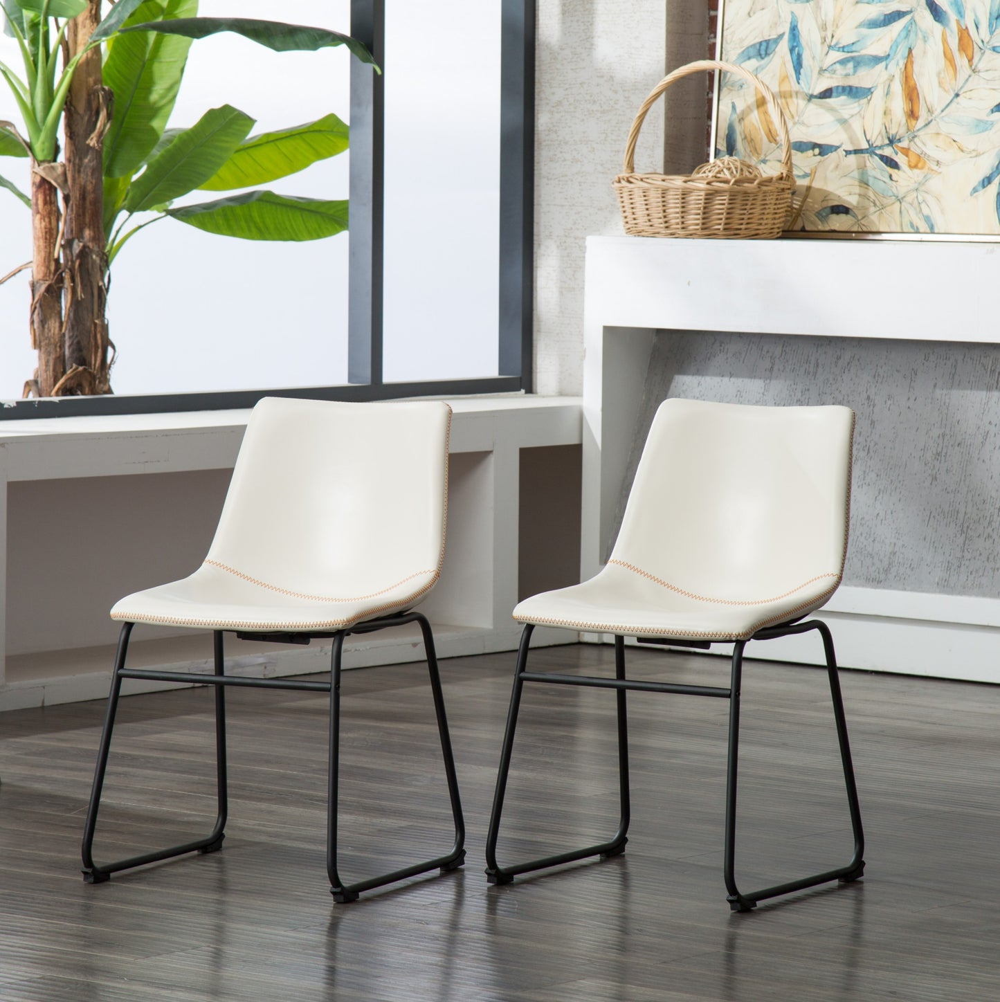 Set of 2 Vintage PU Leather Dining Chairs with Metal Sleigh-Style Legs, Upholstered Seats, White