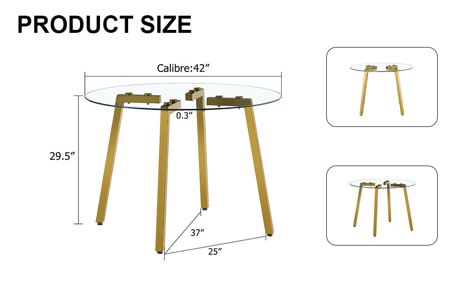 Modern minimalist style circular transparent tempered glass table, tempered glass tabletop, golden metal legs, suitable for kitchen, dining room, and living room, 42 "* 42" * 29.5 "1123r