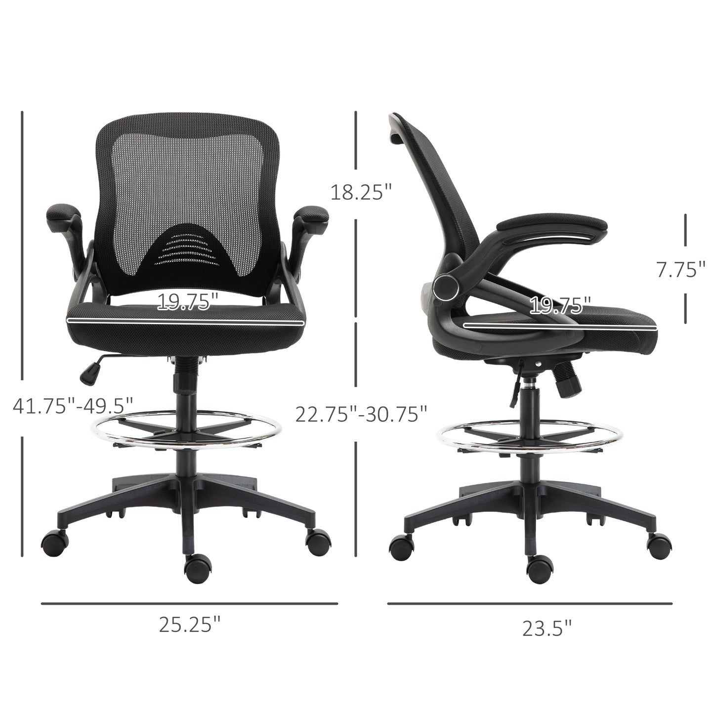 Adjustable Tall Mesh Drafting Chair with Lumbar Support, Flip-Up Armrests, and Footrest Ring in Black