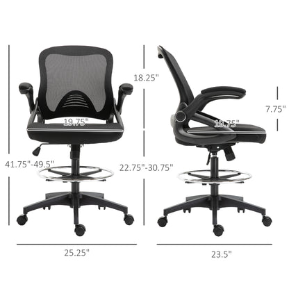 Adjustable Tall Mesh Drafting Chair with Lumbar Support, Flip-Up Armrests, and Footrest Ring in Black