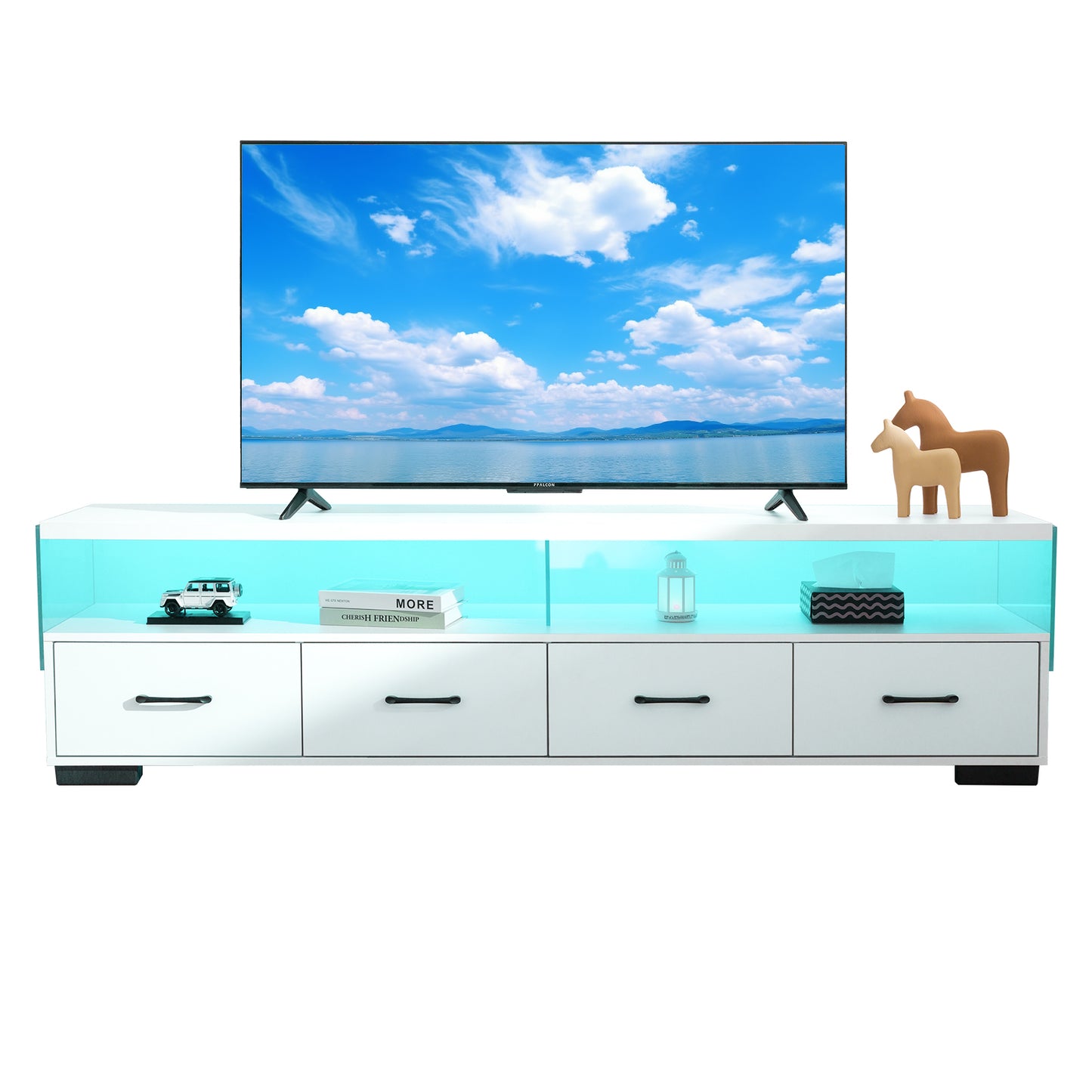 4-Drawer TV Stand for 70-79 Inch Flat Screen TVs, 71-Inch Long Media Console with 2 Open Shelves, White