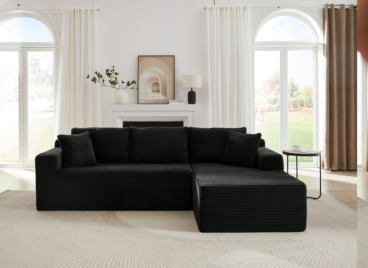 L-Shaped Modular Sectional Sofa with Deep Seats, No Assembly, 4-Seat Corduroy, Living Room, Bedroom, Black