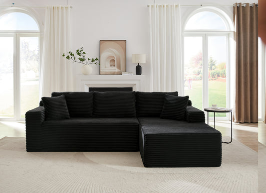 L-Shaped Modular Sectional Sofa with Deep Seats, No Assembly, 4-Seat Corduroy, Living Room, Bedroom, Black