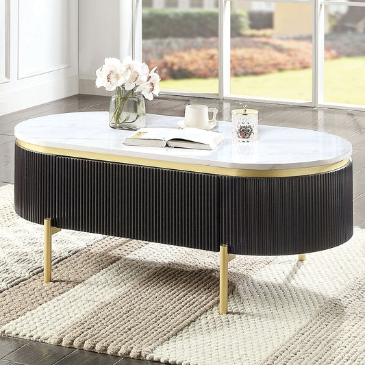 Coffee Table with White Faux Marble Top, 48in L x 24in W x 18in H, Drawer, Gold Frame, Dark Walnut