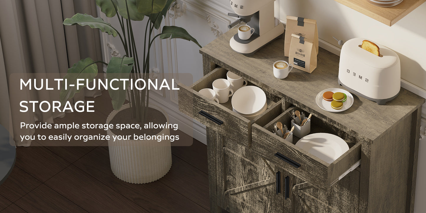 Kitchen Storage Cabinet, Modern Farmhouse Buffet Cabinet with Storage, Coffee Bar with 2 Drawers and 2 Doors, Floor Sideboard Buffet for Living Room, Dining Room, Bathroom,(Grey)