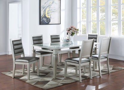 Set of 2 Faux Leather Dining Chairs, Cushioned Seats, Tufted Back, Rubberwood Frame, 18x23x39 in Silver