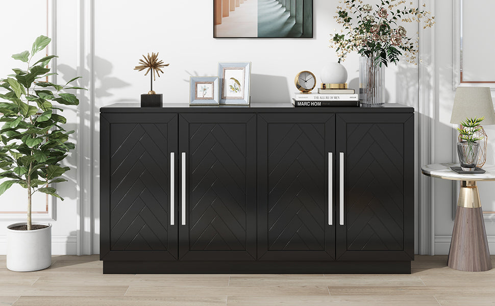TREXM Sideboard with 4 Doors Large Storage Space Buffet Cabinet with Adjustable Shelves and Silver Handles for Kitchen, Dining Room, Living Room (Black)