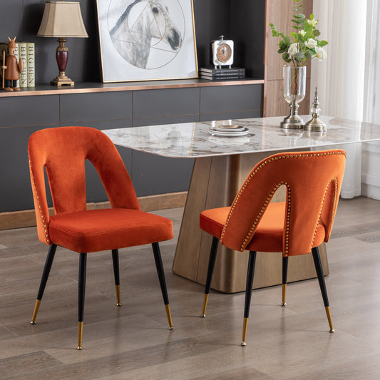 Set of 2 Velvet Upholstered Dining Chairs with Nailhead Trim and Gold-Tipped Black Metal Legs, Orange