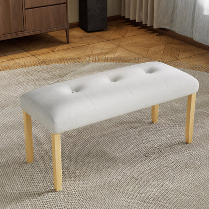Upholstered Tufted Bench for Dining/Bedroom, Linen, Wood Frame, 250 lb Capacity, End of Bed Beige+Natural