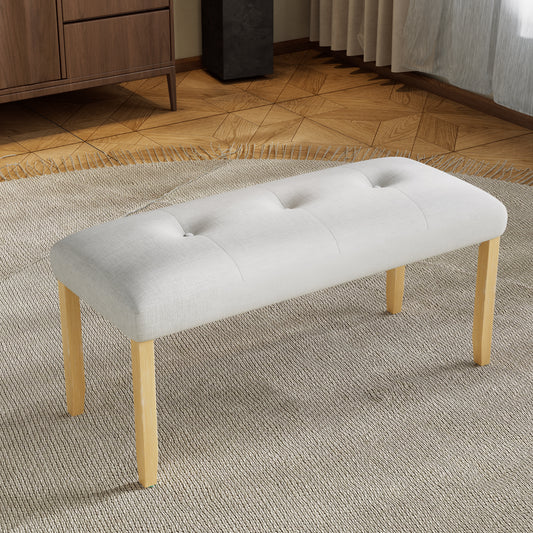 Upholstered Tufted Bench for Dining/Bedroom, Linen, Wood Frame, 250 lb Capacity, End of Bed Beige+Natural