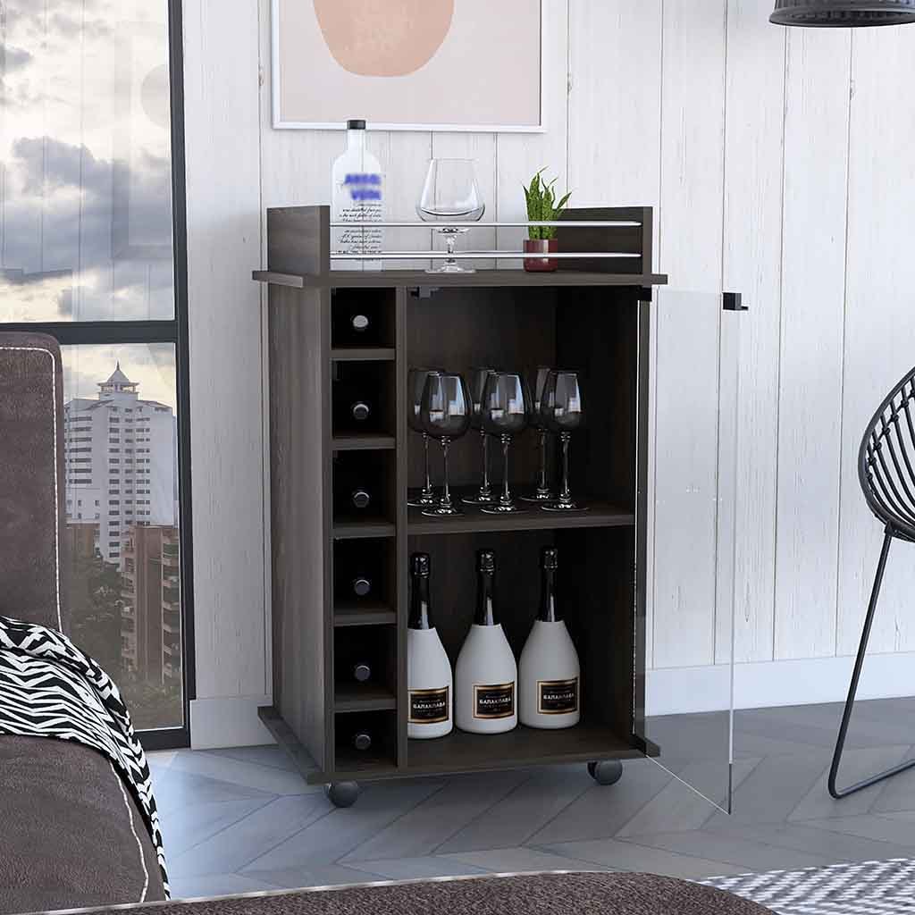 Espresso Finish Baltimore Bar Cart With Six Wine Cubbies