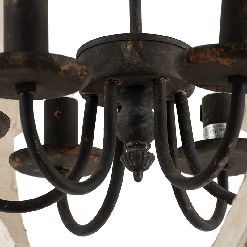 6-Light Pine Wood Chandelier with Adjustable Chain, Iron Accents for Kitchen and Dining Rooms White