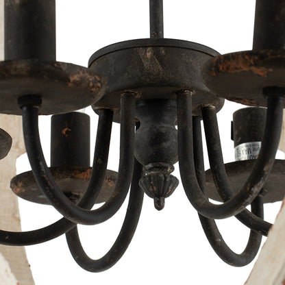 6-Light Pine Wood Chandelier with Adjustable Chain, Iron Accents for Kitchen and Dining Rooms White