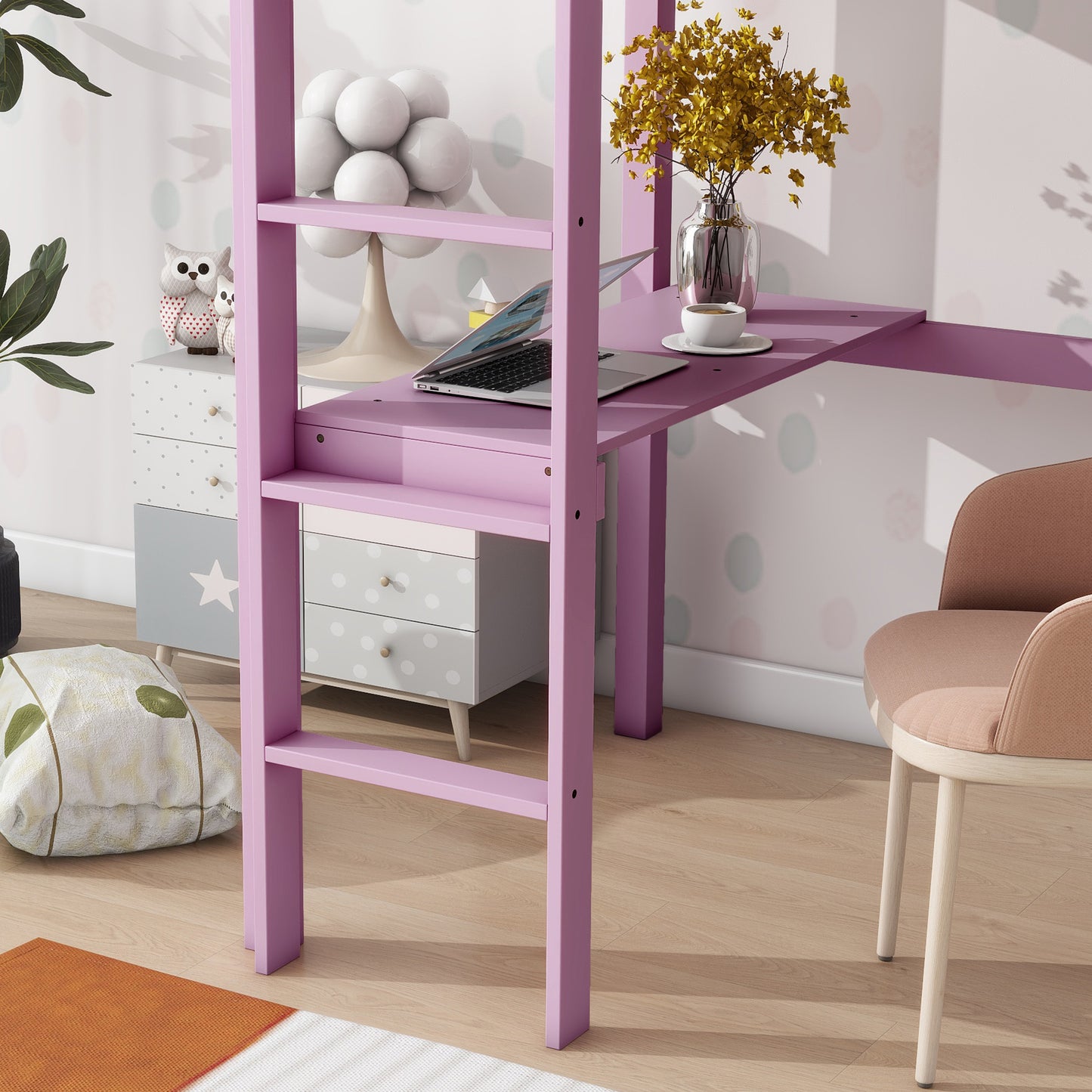 Pink Twin High Loft Bed with Built-in Desk and Safety Guardrails - Rubber Wood Design