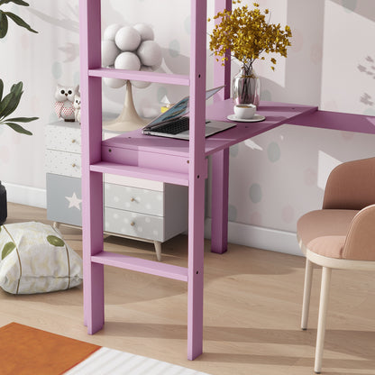 Pink Twin High Loft Bed with Built-in Desk and Safety Guardrails - Rubber Wood Design