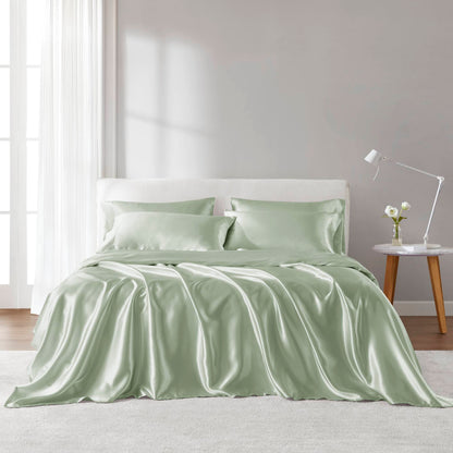 Queen Satin Sheet Set - 6-Piece, 100% Polyester, Fitted Up To 16-Inch Mattress, 4 Pillowcases, Sage