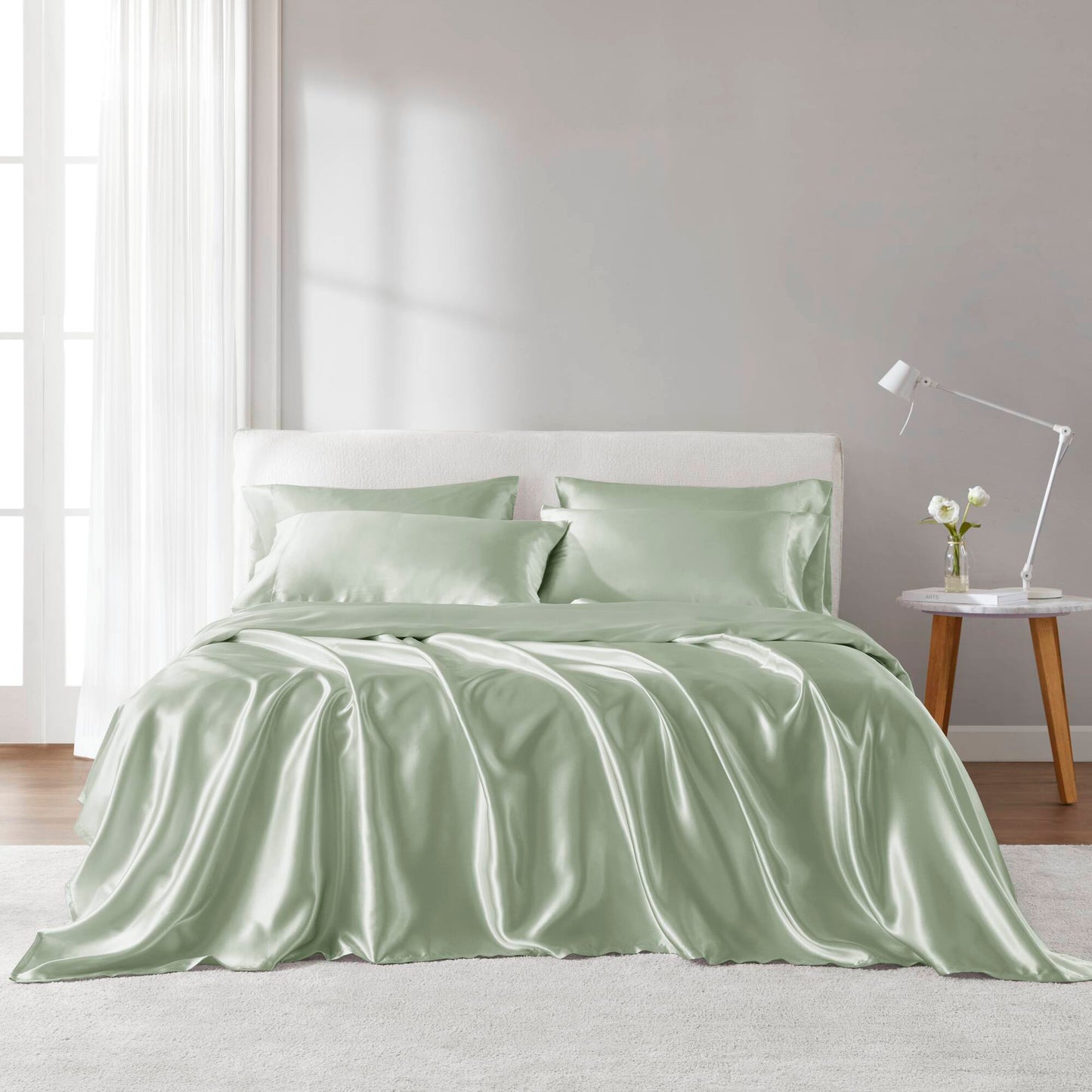 4-Piece Twin Satin Sheet Set - Luxury 100% Polyester, Fitted Up to 16-Inch Mattress, Flat 66x96, Sage