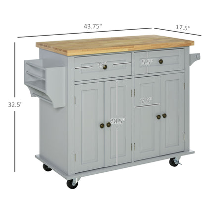 Rolling Kitchen Island Cart with Rubberwood Top and Storage - Grey Mobile Island with Spice Rack and Towel Holder