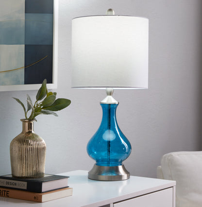 22-Inch Contemporary Seeded Glass Accent Table Lamp with White Linen Shade, Brushed Nickel Finish, Blue