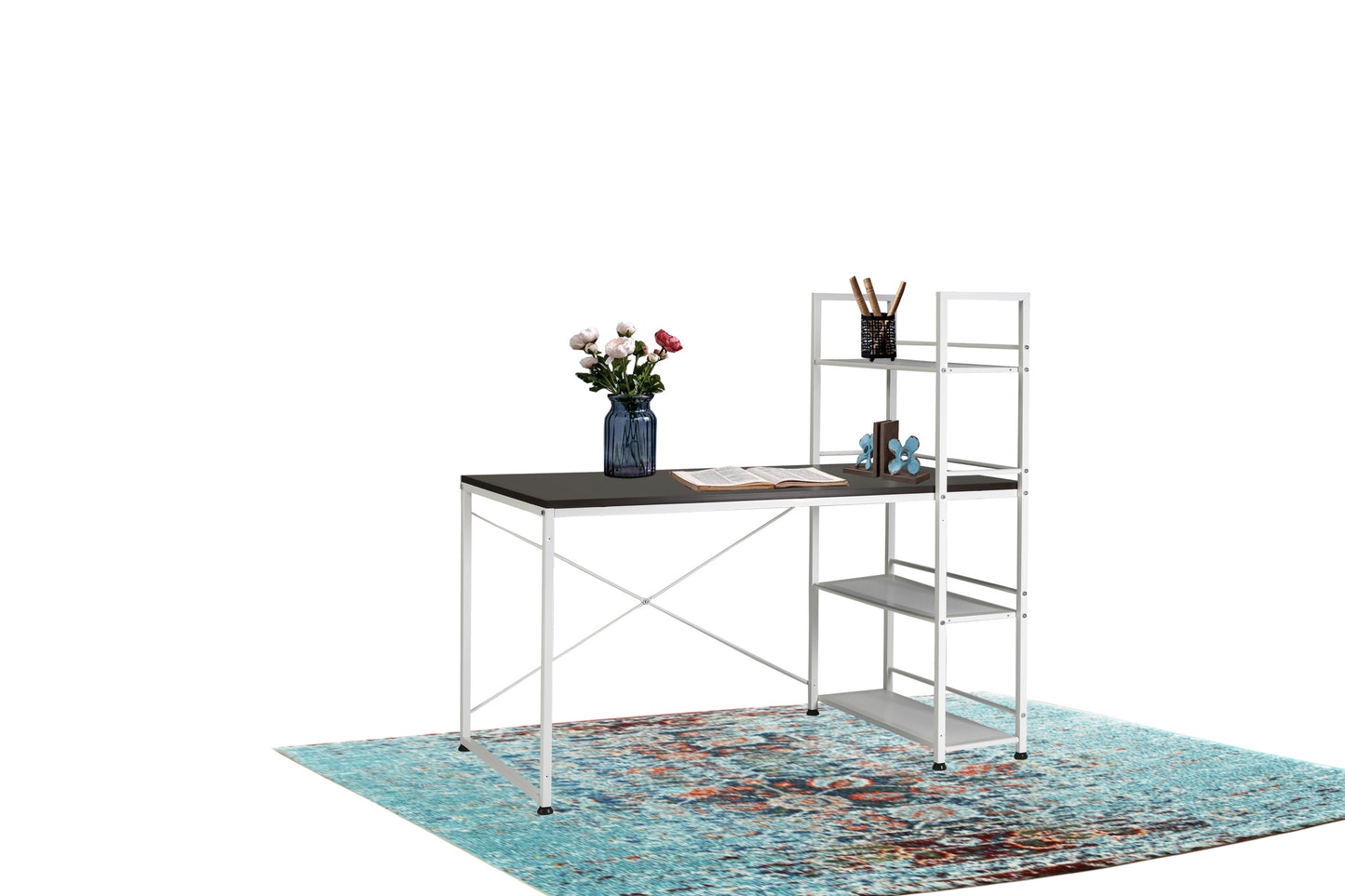 Convertible Dual-Sided Workstation Desk with Bookshelf - White/Brown